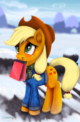 Size: 3360x5120 | Tagged: safe, artist:darksly, applejack, earth pony, pony, g4, my little pony best gift ever, clothes, coat, cowboy hat, cute, female, hat, jackabetes, mare, mouth hold, scarf, solo, stetson, winter outfit