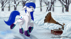 Size: 2970x1620 | Tagged: safe, artist:moonlightstrange, oc, oc only, oc:sirius dreams, earth pony, pony, female, gramophone, ice, ice skating, mare, snow, solo