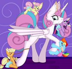 Size: 4588x4382 | Tagged: safe, artist:cuddlelamb, applejack, fluttershy, princess flurry heart, rainbow dash, twilight sparkle, pony, g4, absurd resolution, age progression, age regression, age swap, baby, clinging, diaper, lasso, mouth hold, role reversal, rope, scruff