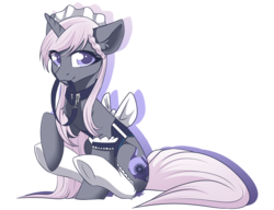 Size: 2000x1536 | Tagged: safe, artist:kxttponies, oc, oc only, oc:lilia, pony, unicorn, bow, clothes, collar, colored pupils, cute, ear fluff, female, frilly socks, headdress, leash, looking at you, maid, mare, mouth hold, pet play, raised hoof, simple background, sitting, smiling, socks, solo, transparent background, underhoof