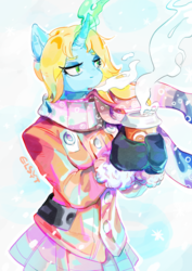 Size: 884x1250 | Tagged: safe, artist:elsyt, oc, oc only, oc:art's desire, unicorn, anthro, clothes, female, scarf, snow, solo, ych result