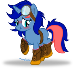 Size: 1280x1188 | Tagged: safe, artist:cyberapple456, oc, oc only, oc:ryo, pony, belt, blushing, boots, commission, goggles, lifted leg, shoes, slime, slimy, solo