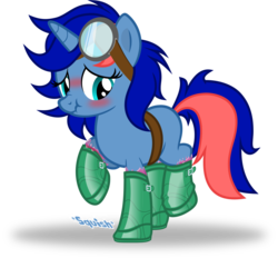 Size: 1280x1188 | Tagged: safe, alternate version, artist:cyberapple456, oc, oc only, oc:ryo, pony, unicorn, belt, blushing, boots, clothes, commission, goggles, lifted leg, scrunchy face, shoes, slime, slimy, solo, wellies, wellington boots