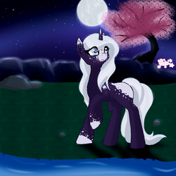 Size: 2000x2000 | Tagged: safe, artist:pastel-pony-princess, oc, oc only, pony, unicorn, colored hooves, female, full moon, grass, high res, looking up, mare, moon, night, night sky, river, rock, sky, solo, starry night, stream