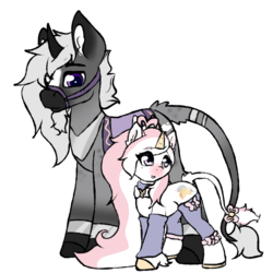 Size: 1000x1000 | Tagged: safe, artist:pastel-pony-princess, oc, oc only, oc:moon sugar (pastelponyprincess), oc:prince roan, pony, unicorn, bow, bridle, curved horn, duo, ear fluff, horn, leg warmers, leonine tail, looking back, standing, tack, tail bow, unshorn fetlocks