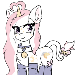 Size: 3000x2966 | Tagged: safe, artist:darrenfeline, artist:pastel-pony-princess, oc, oc only, oc:moon sugar (pastelponyprincess), pony, unicorn, bow, chest fluff, clothes, curved horn, ear fluff, female, high res, horn, leonine tail, mare, simple background, smiling, socks, solo, standing, tail bow, transparent background