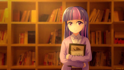 Size: 2560x1440 | Tagged: safe, artist:jeremywithlove, twilight sparkle, human, g4, anime, book, bookshelf, female, humanized, library, solo, starry eyes, wingding eyes