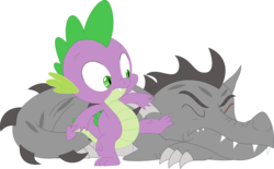 Size: 3561x2203 | Tagged: safe, artist:porygon2z, spike, oc, oc:draco axel, dragon, g4, duo, duo male, eyes closed, high res, male, shocked, simple background, sleeping, transparent background, vector, waking up