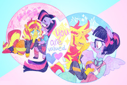 Size: 1280x858 | Tagged: safe, artist:thatdarnmo, sci-twi, sunset shimmer, twilight sparkle, alicorn, anthro, equestria girls, g4, clothes, colored pencil drawing, crying, eyes closed, female, glasses, heart, horn, horns are touching, jacket, lesbian, nuzzling, sci-twilicorn, ship:sci-twishimmer, ship:sunsetsparkle, shipping, skirt, smiling, speech bubble, traditional art, twilight sparkle (alicorn)