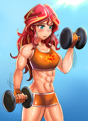 Size: 600x829 | Tagged: safe, artist:tzc, sunset shimmer, human, equestria girls, g4, abs, breasts, clothes, commission, crepuscular rays, dumbbells, female, fetish, fingerless gloves, gloves, humanized, muscle fetish, muscles, solo, sports bra, sports shorts, sun, sunset lifter, sweat, weight lifting, weights, workout