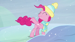 Size: 1280x720 | Tagged: safe, screencap, pinkie pie, earth pony, pony, best gift ever, g4, :t, ^^, eyes closed, female, mare, smiling, solo, waving