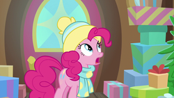 Size: 1280x720 | Tagged: safe, screencap, pinkie pie, earth pony, pony, best gift ever, g4, clothes, female, hat, mare, open mouth, scarf, solo, winter outfit