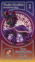 Size: 800x1399 | Tagged: safe, artist:vavacung, oc, oc:verix obolisk, changeling, changeling king, changeling oc, character card, holeless, male, pactio card, purple changeling, red changeling