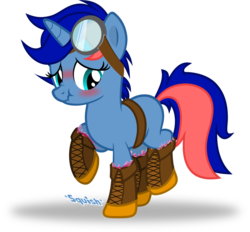Size: 1280x1188 | Tagged: safe, alternate version, artist:cyberapple456, oc, oc only, oc:ryo, pony, alternate hairstyle, belt, blushing, boots, clothes, commission, goggles, lifted leg, shoes, slime, slimy, solo