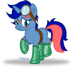 Size: 1280x1188 | Tagged: safe, alternate version, artist:cyberapple456, oc, oc only, oc:ryo, pony, alternate hairstyle, belt, blushing, boots, clothes, commission, goggles, lifted leg, shoes, slime, slimy, solo, wellies, wellington boots