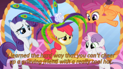 Size: 640x360 | Tagged: safe, edit, edited screencap, screencap, apple bloom, rarity, scootaloo, sweetie belle, earth pony, pegasus, pony, unicorn, g4, the cutie pox, buzzing wings, caption, cards against humanity, cutie mark crusaders, feathered hat, female, filly, foal, hat, image macro, peacock feathers, text, wings