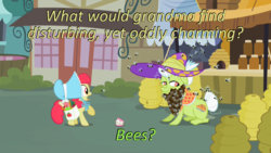 Size: 640x360 | Tagged: safe, edit, edited screencap, screencap, apple bloom, granny smith, bee, insect, family appreciation day, g4, animal, bee beard, bonnet, caption, cards against humanity, hat, image macro, text