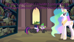 Size: 640x360 | Tagged: safe, edit, edited screencap, screencap, princess celestia, spike, twilight sparkle, g4, it's about time, book, canterlot archives, canterlot library, caption, cards against humanity, image macro, purple text, scroll, text, trio