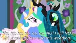 Size: 640x360 | Tagged: safe, edit, edited screencap, screencap, princess celestia, queen chrysalis, changeling, changeling queen, a canterlot wedding, g4, angry, caption, cards against humanity, duo, female, fight, image macro, text