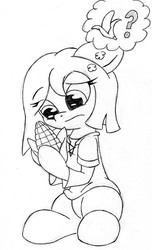 Size: 1474x2429 | Tagged: safe, artist:zemer, oc, oc only, oc:sweet corn, pony, banana, clothes, confused, food, hoof hold, monochrome, sitting, solo