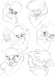 Size: 2406x3300 | Tagged: safe, artist:zemer, oc, oc:feather belle, pony, angry, chest fluff, crying, facial expressions, fluffy, high res, monochrome, plushie, sad, sitting