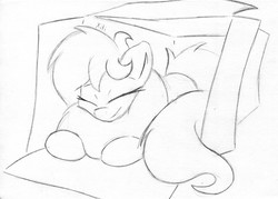 Size: 2274x1627 | Tagged: safe, artist:zemer, oc, oc only, oc:xiti, pony, box, cute, eyes closed, long hair, monochrome, pony in a box, resting, sleeping, smiling, solo