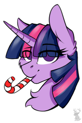 Size: 2362x3543 | Tagged: safe, artist:php97, twilight sparkle, alicorn, pony, g4, bust, candy, candy cane, chest fluff, eye clipping through hair, female, food, high res, lidded eyes, looking at you, mare, mouth hold, no pupils, portrait, simple background, solo, twilight sparkle (alicorn), watermark, white background
