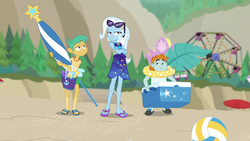 Size: 1920x1080 | Tagged: safe, screencap, snails, snips, trixie, human, equestria girls, equestria girls specials, g4, my little pony equestria girls: better together, my little pony equestria girls: forgotten friendship, beach, belly button, clothes, crossed arms, feet, female, ferris wheel, flip-flops, male, male nipples, nipples, sandals, sarong, sunglasses, swimsuit, trixie's fans