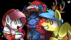 Size: 1920x1080 | Tagged: safe, artist:sugar morning, oc, oc only, oc:bizarre song, oc:lost thunder, oc:sugar morning, pegasus, pony, reindeer, antlers, best friends, black background, cape, christmas, christmas lights, clothes, coat, commission, costume, eyes closed, female, happy, happy hearth's warming, hat, hearth's warming, hearth's warming eve, holiday, horn, jewelry, male, mare, merry christmas, necklace, pegasus oc, red nose, reindeer antlers, reindeer pony, santa hat, simple background, smiling, stallion, sugarre, trio, wings
