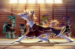 Size: 4093x2670 | Tagged: safe, artist:holivi, bon bon, lyra heartstrings, pinkie pie, sweetie drops, oc, earth pony, pony, unicorn, g4, clothes, commission, dress, female, fencing, maid, male, mare, mouth hold, raised hoof, stallion, sword, tail wrap, weapon