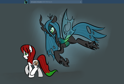 Size: 1276x868 | Tagged: safe, artist:jessy, queen chrysalis, oc, oc:palette swap, changeling, changeling queen, earth pony, pony, tumblr:ask palette swap, g4, duo, female, mare, tumblr