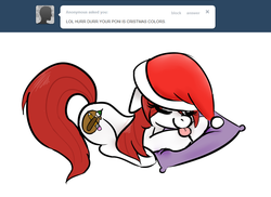 Size: 944x688 | Tagged: safe, artist:jessy, oc, oc only, oc:palette swap, pony, tumblr:ask palette swap, christmas, hat, holiday, pillow, santa hat, solo, tongue out