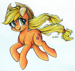 Size: 1024x968 | Tagged: safe, artist:sk-ree, applejack, earth pony, pony, g4, colored pencil drawing, cowboy hat, female, hat, looking back, mare, simple background, solo, traditional art, white background