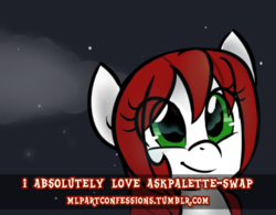 Size: 500x390 | Tagged: safe, artist:jessy, edit, oc, oc only, oc:palette swap, earth pony, pony, tumblr:ask palette swap, abstract background, confession, female, mare, smiling, solo