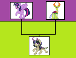 Size: 879x674 | Tagged: safe, artist:t-aroutachiikun, thorax, twilight sparkle, oc, oc:spheranium, alicorn, changedling, changeling, changepony, hybrid, pony, g4, antlers, family tree, female, interspecies offspring, king thorax, male, offspring, parent:thorax, parent:twilight sparkle, parents:twirax, shipping, straight, twilight sparkle (alicorn), twirax