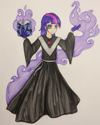 Size: 502x626 | Tagged: safe, artist:metalamethyst, twilight sparkle, human, g4, aura, clothes, dark magic, eyeshadow, female, g5 concept leaks, headcanon, humanized, jewelry, magic, makeup, necklace, robe, simple background, solo, sorceress, traditional art, twilight sparkle (g5 concept leak), white background