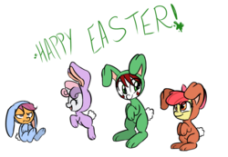 Size: 1176x812 | Tagged: safe, artist:jessy, apple bloom, scootaloo, sweetie belle, oc, oc:palette swap, earth pony, pony, tumblr:ask palette swap, g4, cutie mark crusaders, easter, female, group, happy easter, holiday, mare, quartet, simple background, white background