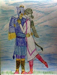 Size: 3120x4160 | Tagged: safe, artist:mildgyth, gabby, gallus, griffon, anthro, ziragshabdarverse, g4, boots, clothes, cloud, female, gabbus, kievan rus, male, shipping, shoes, straight, traditional art, zoroastrianism