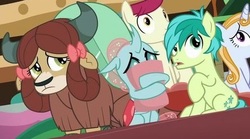 Size: 444x246 | Tagged: safe, screencap, ocellus, sandbar, yona, changedling, changeling, pony, yak, a matter of principals, g4, cute, diaocelles, pillow, scared