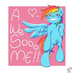 Size: 1000x1000 | Tagged: safe, artist:sozglitch, rainbow dash, pegasus, pony, g4, belly button, bipedal, female, grin, heart, looking at you, mare, multicolored hair, multicolored mane, multicolored tail, one wing out, rainbow hair, rainbow tail, smiling, solo, tail, wings