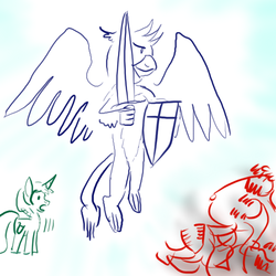 Size: 512x512 | Tagged: safe, artist:horsesplease, gallus, lyra heartstrings, angel, demon, pony, g4, cross, flying, paint tool sai, shield, sword, weapon