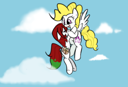 Size: 1060x720 | Tagged: safe, artist:jessy, surprise, oc, oc:palette swap, earth pony, pegasus, pony, tumblr:ask palette swap, duo, female, flying, mare, scared, sky