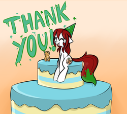 Size: 940x840 | Tagged: safe, artist:jessy, oc, oc only, oc:palette swap, earth pony, hamster, pony, tumblr:ask palette swap, birthday, cake, duo, female, food, giant cake, hat, mare, party hat, thank you