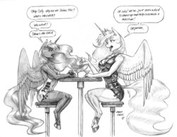 Size: 1400x1086 | Tagged: safe, artist:baron engel, princess celestia, princess luna, alicorn, anthro, unguligrade anthro, g4, breasts, clothes, dialogue, duo, female, grayscale, mare, milestone, monochrome, pencil drawing, royal sisters, simple background, sisters, sitting, sketch, smiling, traditional art, white background