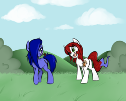 Size: 1280x1028 | Tagged: safe, artist:jessy, oc, oc only, oc:palette swap, earth pony, pony, tumblr:ask palette swap, duo, female, mare, smiling