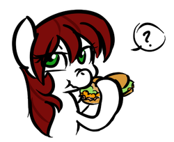 Size: 367x299 | Tagged: safe, artist:jessy, oc, oc:palette swap, earth pony, pony, tumblr:ask palette swap, eating, female, food, mare, sandwich, simple background, white background