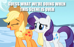 Size: 1000x639 | Tagged: safe, edit, screencap, applejack, rarity, pony, g4, my little pony: friendship is magic, the crystal empire, caption, female, image macro, implied lesbian, implied rarijack, implied shipping, lesbian, one eye closed, ship:rarijack, shipping, text, wink