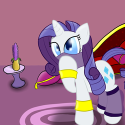 Size: 1024x1024 | Tagged: safe, artist:sailormod, rarity, genie, pony, unicorn, ask generous genie rarity, g4, armband, fainting couch, female, geniefied, hoof over mouth, leg brace, mare, solo, veil