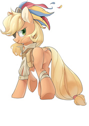 Size: 2480x3508 | Tagged: safe, artist:yunlongchen, applejack, earth pony, pony, g4, butt, clothes, dock, eyepatch, featureless crotch, female, hat, high res, looking at you, looking back, looking back at you, mare, missing cutie mark, pirate, pirate applejack, pirate hat, plot, shirt, simple background, solo, white background