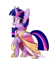 Size: 2150x3035 | Tagged: safe, artist:yunlongchen, twilight sparkle, alicorn, pony, g4, magical mystery cure, clothes, coronation dress, cute, dress, female, high res, hoof shoes, raised hoof, simple background, solo, twiabetes, twilight sparkle (alicorn), white background